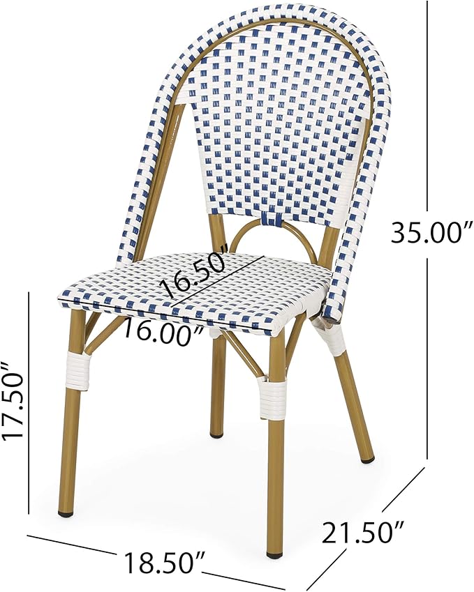 Christopher Knight Home Philomena Outdoor French Bistro Chair (Set of 2), Blue + White + Bamboo Print Finish - Photo 3