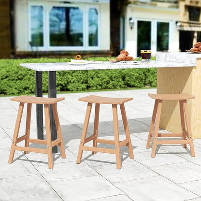 Costaelm All-Weather Bar Stools Set of 3, 24" Height Outdoor Bar Stools, Adirondack Poly Patio Bar Stool for Patio, Deck, Kitchen Counter and Garden, Teak