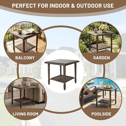 Loungewave Square Outdoor Side Table, 2-Tier Storage Patio Side Table, 20in Wicker Rattan Coffee Table, Metal End Table, Indoor Outdoor Wicker Small Table for Patio, Pool, Porch (Brown)