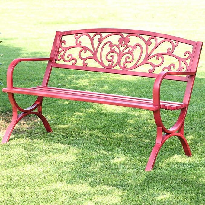 Outdoor Metal Garden Bench with Armrests - Slatted Patio Park Bench for Yard, Porch, Lawn, Balcony & Backyard - Stylish Red & Black Color Options