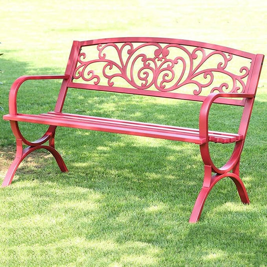 Outdoor Metal Garden Bench with Armrests - Slatted Patio Park Bench for Yard, Porch, Lawn, Balcony & Backyard - Stylish Red & Black Color Options
