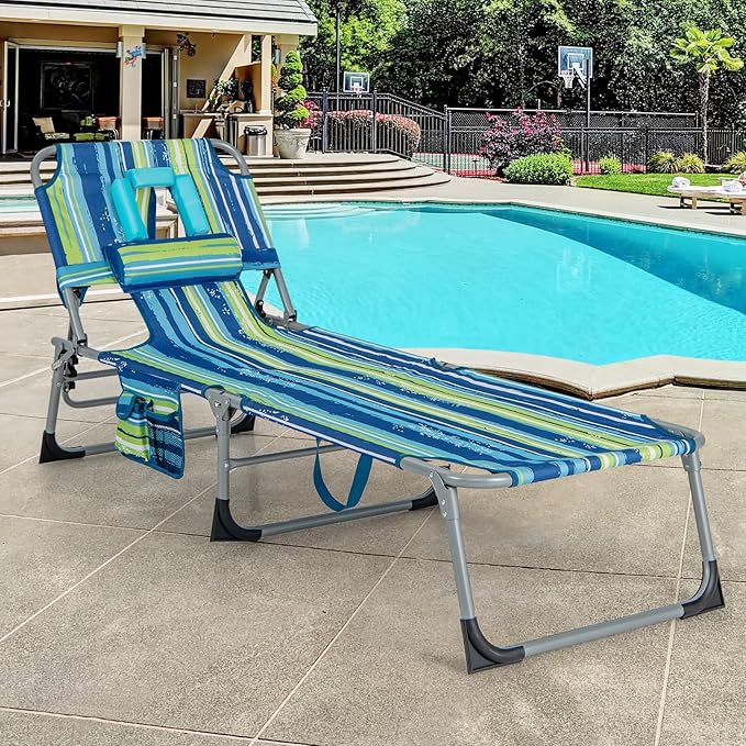 GYMAX Tanning Chair, Folding Beach Lounger with Face Arm Hole, Adjustable Backrest, Side Pocket & Carry Handle, Outside Sunbathing Lounge Chair for Patio, Poolside, Lawn (1, Blue Stripe)