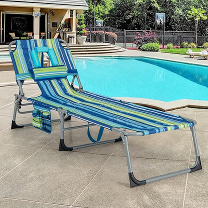 GYMAX Tanning Chair, Folding Beach Lounger with Face Arm Hole, Adjustable Backrest, Side Pocket & Carry Handle, Outside Sunbathing Lounge Chair for Patio, Poolside, Lawn (1, Blue Stripe)