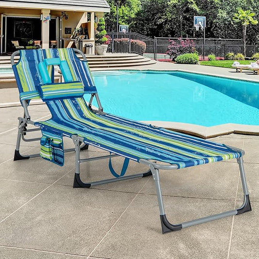 GYMAX Tanning Chair, Folding Beach Lounger with Face Arm Hole, Adjustable Backrest, Side Pocket & Carry Handle, Outside Sunbathing Lounge Chair for Patio, Poolside, Lawn (2, Blue Stripe)