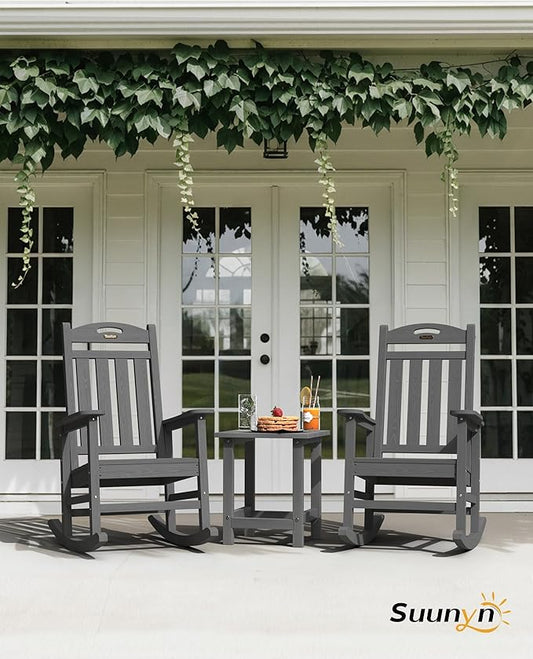 Oversized Outdoor Rocking Chairs Set of 2, High Back Porch Rocking Chair, HDPE All Weather Resistant Rocking Chairs for Patio, 380lbs Weight Capacity, Dark Grey