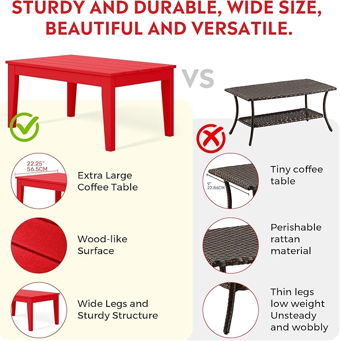 Costaelm Adirondack Outdoor Coffee Table, HDPE Drink Table Weather Resistant, Patio Porch Accent Balcony Table Outdoor End Table for Pool, Seaside, Backyard, Red