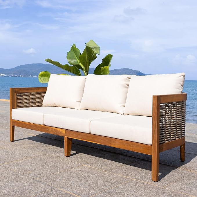 SAFAVIEH Outdoor Collection Amanda Natural Acacia Solid Wood/Taupe Cushion 3-Seater Sofa - Photo 2
