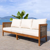 SAFAVIEH Outdoor Collection Amanda Natural Acacia Solid Wood/Taupe Cushion 3-Seater Sofa - Photo 2