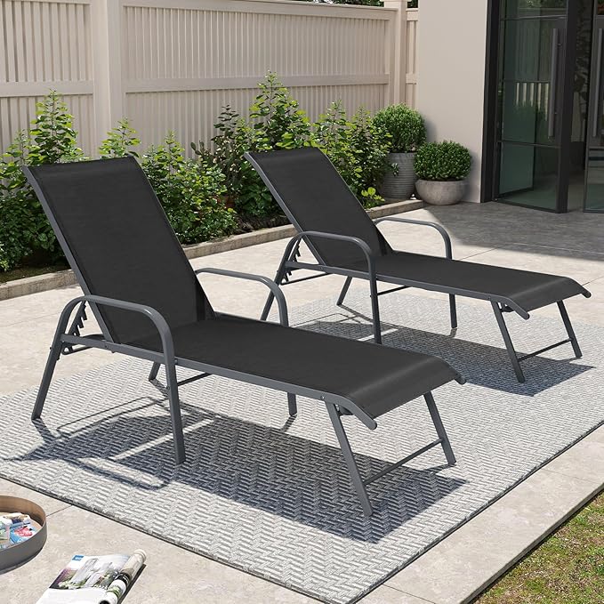 Crestlive Products Chaise Lounge Chair Outdoor with Armrests, Pool Lounge Chairs Set of 2, Aluminum Adjustable 5 Positions Sun Tanning Lounger for Patio, Poolside, Yard, Deck, Backyard (Black)