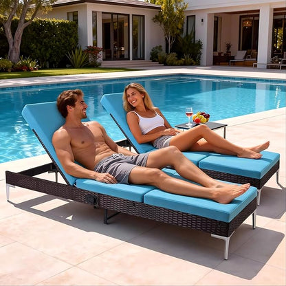 HOMREST Outdoor Lounge Chairs Set of 4, Patio Wicker Chaise Lounge with Removable Cushion, Rattan Pool Sunbathing Recliners with Adjustable Backrest (Turquoise)