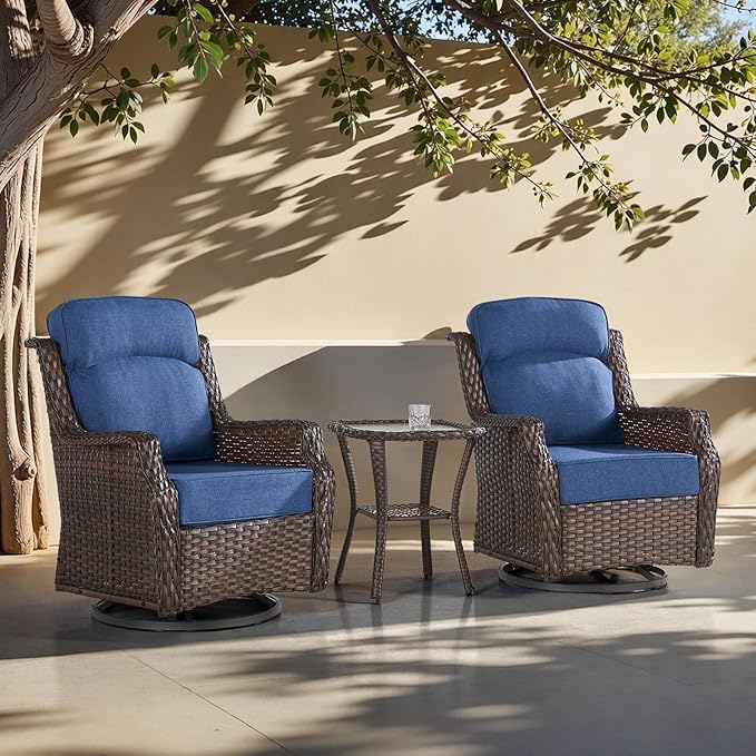 Outdoor Wicker Swivel Rocker Chair with 6-Inch Thick Cushions, High Back Patio Glider Chair, 360° Swivel & Rocking Motion for Porch, Deck, Balcony, Poolside, Brown/Blue