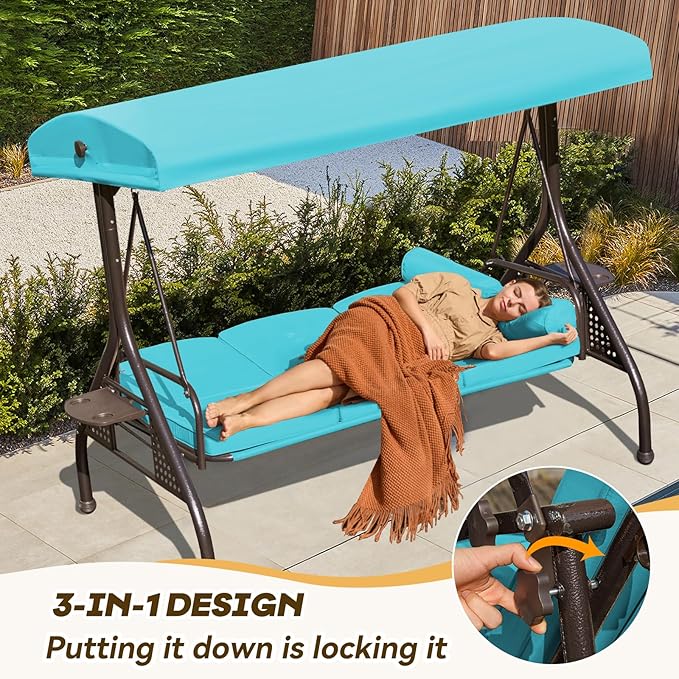 3 in 1 Patio Swing with Adjustable Canopy for Adults, 3 Seat Outdoor Swing with Thickened Cushions - Photo 5