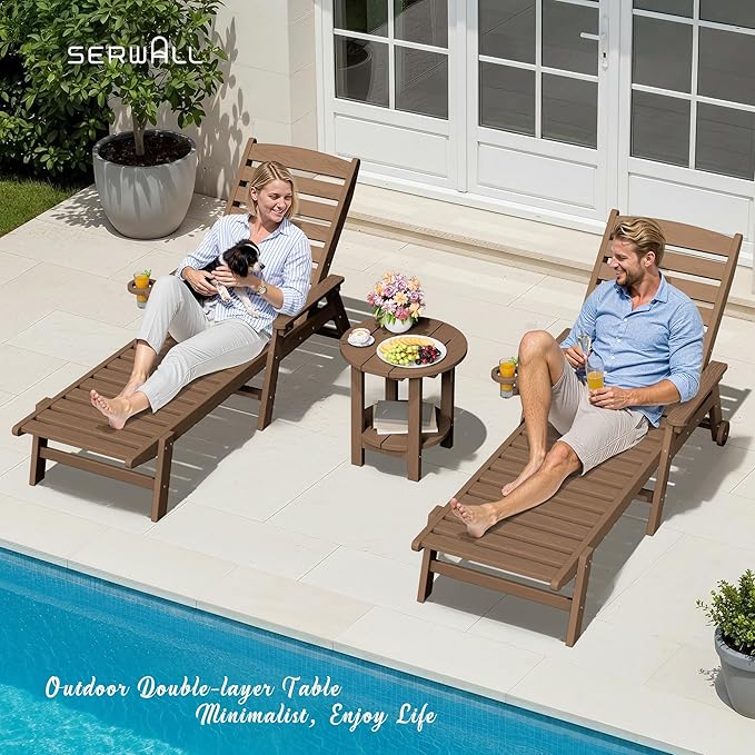 SERWALL Round Adirondack Side Table, 16.5" Double Outdoor Side Table, HDPE Small End Tables for Backyard Pool Porch Garden Lawn, Brown