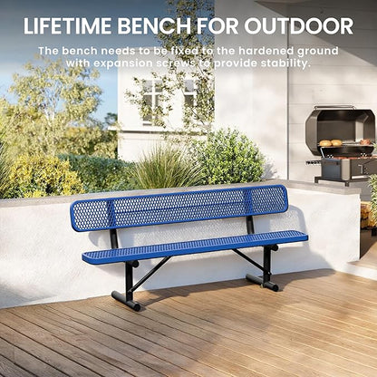 8 Feet Steel Park Bench for Outside, Outdoor Bench with Backrest & Portable Frame, Commercial Benches for Shopping Malls, Stores, Parks, Patios, Decks, Dark Blue