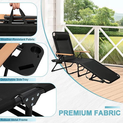 Outdoor Chaise Lounge Chair with 4-Position Adjustable Backrest, Patio Folding Sun Tanning Chair, Pillow & Cup Holder, Portable Recliner Sunbathing Lounger Chairs for Pool Beach Lawn Garden (Black)