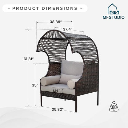 MFSTUDIO Outdoor & Indoor Wicker Egg Sofa Chair with Oversized Seat, Detachable Top Canopy, Hight Backrest, Waterproof Cover and Anti-Slip Cushions, 400lbs Capacity, Grey