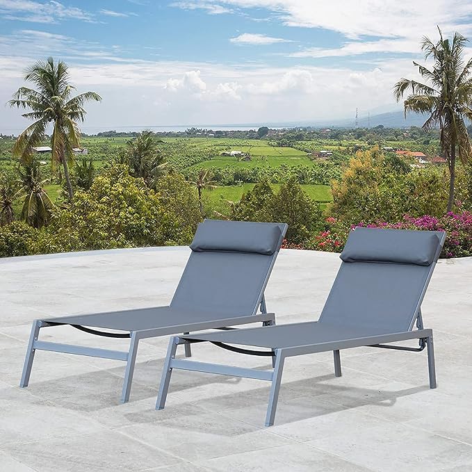 Domi Patio Chaise Lounge Set, Classic Pool Lounge Chairs with 5 Adjustable Posation, Breathable Textilene Fabric, Headrest and Table, Steel Frame Pool Chairs, Grey