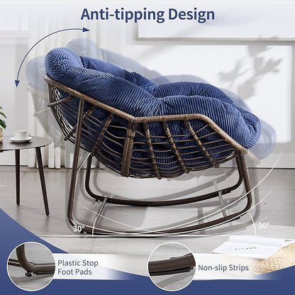 HOMEFUN Outdoor Patio Rocking Chairs Set of 2, Oversized Papasan Rock Chair Indoor with Striped Velvet Padded Cushion - Rocker Egg Seat for Front Porch, Garden, Patio, Backyard Navy