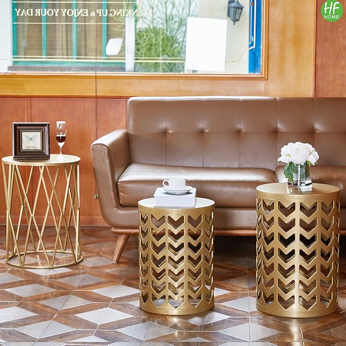 Nesting Side Table Set of 3 Decorative Round Garden Stools for Indoor Outdoor Heavy Duty Metal Frame Side Table - Photo 5