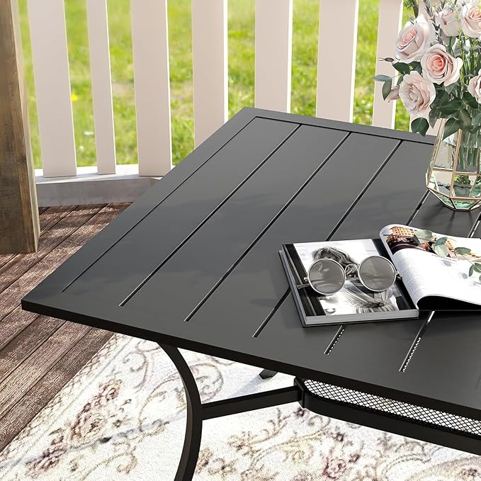 VICLLAX Outdoor Dining Table for 6, 59" Black Metal Patio Table with Umbrella Hole, Black