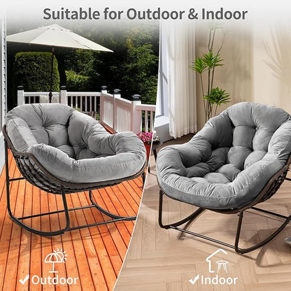 HOMEFUN Outdoor Patio Rocking Chairs, Oversized Papasan Rock Chair Indoor with Velvet Padded Cushion - Rocker Egg for Front Porch, Garden, Backyard Light Gray