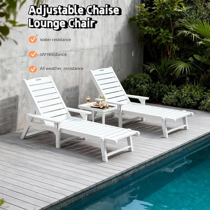 Psilvam Adjustable Chaise Lounge Chair - 350lb Capacity All-Weather Poly Lumber Recliner for Poolside, Patio, Porch - White