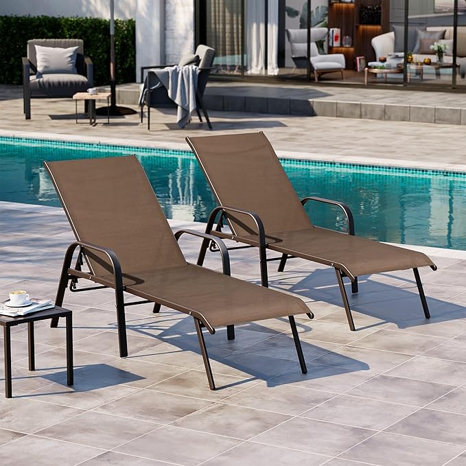 Crestlive Outdoor Chaise Lounge Chair,5-Position Pool Lounge Chairs with Armrests Sunbathing Recliner for Patio,Beach,Deck,Yard (2PC Brown)