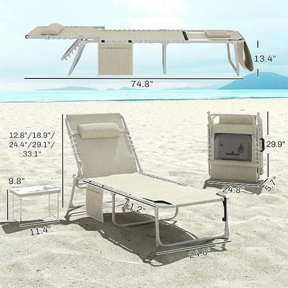 Outsunny Tanning Chair with Face Hole, Side Table, 5-Position Reclining Folding Chaise Lounge Chair Outdoor Lounger Recliner, Carry Straps for Beach Pool Camp, Breathable Mesh, Beige