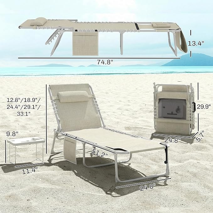 Outsunny Tanning Chair Set of 2 with Face Hole, Side Table, 5-Position Reclining Folding Chaise Lounge Chair Outdoor Lounger Recliner, Carry Straps for Beach Pool Camp, Breathable Mesh, Beige