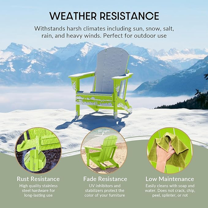 WestinTrends Malibu 2-Pieces Adirondack Chair Set with Side Table, All Weather Outdoor Seating Plastic Patio Lawn Chair Folding for Outside Porch Deck Backyard, Lime
