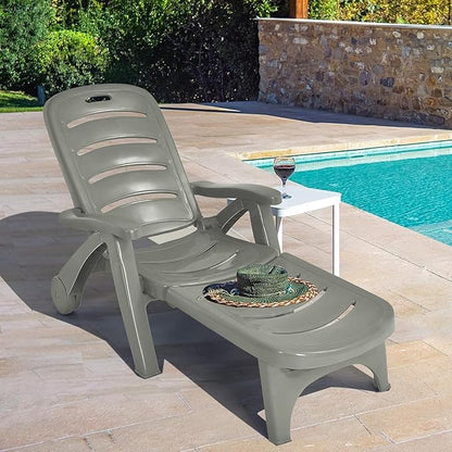 LDAILY Moccha Plastic Folding Lounge Chair, 5-Position Adjustable Chaise Lounge with 2 Rolling Wheels, Armrest, Outdoor Chaise Chair for Patio, Beach, Backyard, Poolside, Home (1, Grey)
