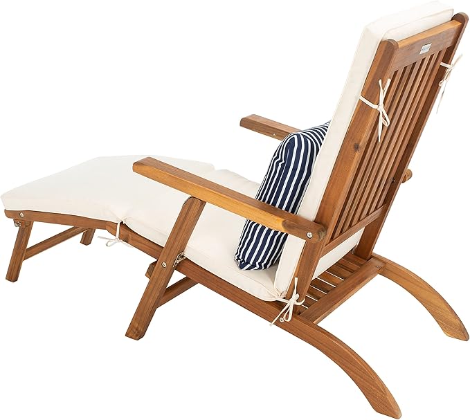 SAFAVIEH Outdoor Collection Palmdale Natural Brown Solid Wood/Beige Cushion with Striped Pillow Chaise Lounge Chair (PAT7015E)