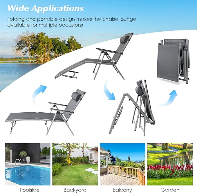 Giantex Outdoor Chaise Lounge Chair - Folding Lounge Chair w/ 8-Level Adjustable Backrests, Aluminum Frame, Cozy Headrest Pillow, Patio Recliner for Backyard Poolside Balcony (1, Gray)