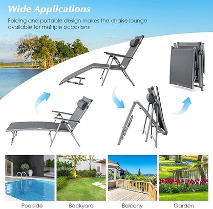Giantex Outdoor Chaise Lounge Chair - Folding Lounge Chair w/ 8-Level Adjustable Backrests, Aluminum Frame, Cozy Headrest Pillow, Patio Recliner for Backyard Poolside Balcony (1, Gray)