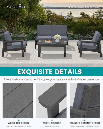 SERWALL HDPE Outdoor Furniture Set, 2 Piece All Weather Wood-Like Outdoor Sofa Sectional Couch, Grey Frame and Grey Cushion