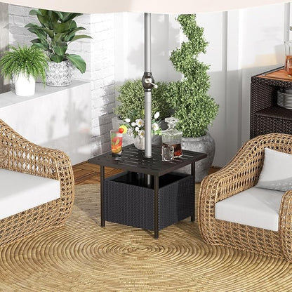 Giantex Outdoor Side Table with Umbrella Hole, 22" Wicker Umbrella Stand Holder and Base, Weather-Resistant PE Rattan Patio End Table for Deck Garden Poolside (Metal Tabletop, Black)