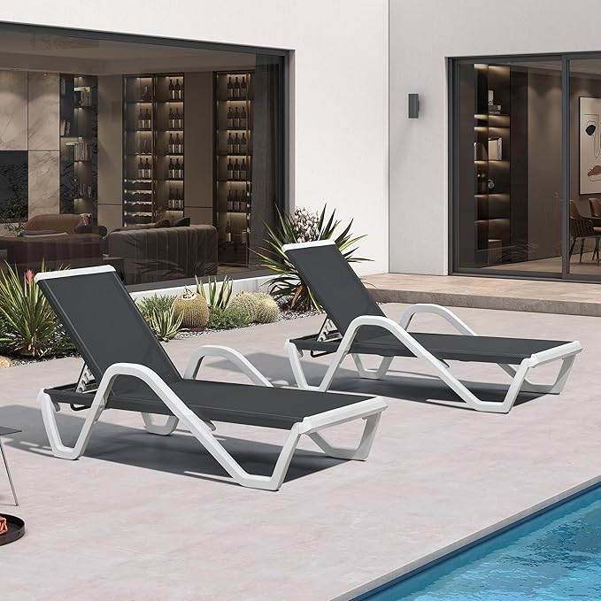 PURPLE LEAF Patio Chaise Lounge Set of 2 Plastic Pool Outdoor Lounge Chair with Armrest Stackable Poolside Tanning Chairs for Beach Deck Yard Sunbathing, Dark Grey