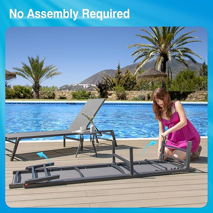 Aluminum Chaise Lounge Chair Outdoor, Foldable Patio Lounge Chair 2 Sets with Table Assemble-Free, Pool Lounge Chairs with 5 Adjustable Backrest, Outdoor Lounge Chairs for Outside Poolside Blue
