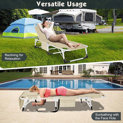 MOPHOTO Beach Lounge Chair, 5-Position Adjustable Tanning Chair with Face Hole, Heavy Duty Folding Chaise Lounge for Beach, Pool, Patio & Sunbathing