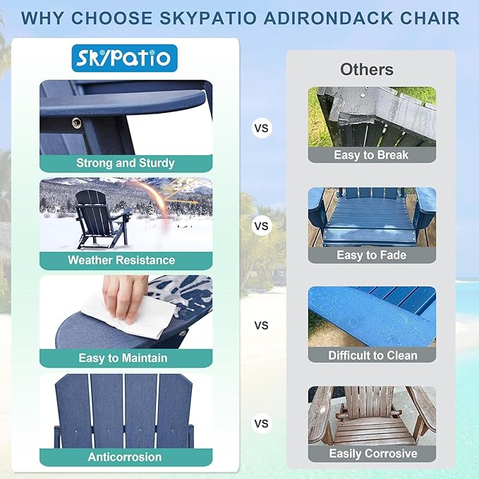 Skypatio 3 Pieces Folding Adirondack Chairs Set, Weather Resistant Adirondack Chairs Set of 2 with Cup Holder, 1 Side Table, 380 lbs Weight Capacity Portable Patio Fire Pit Chairs (Navy Blue)