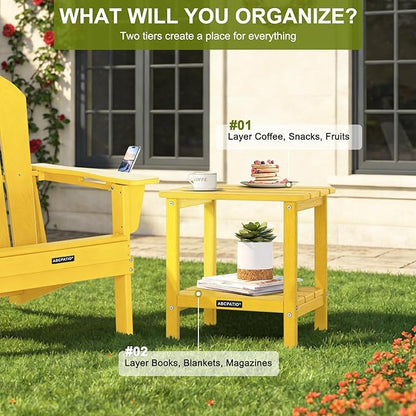 Outdoor Side Table HDPE Small Outdoor End Table Patio Side Tables Square for Backyard Pool Porch Balcony Double Layer Storage, Yellow (Wood Grain Finish)
