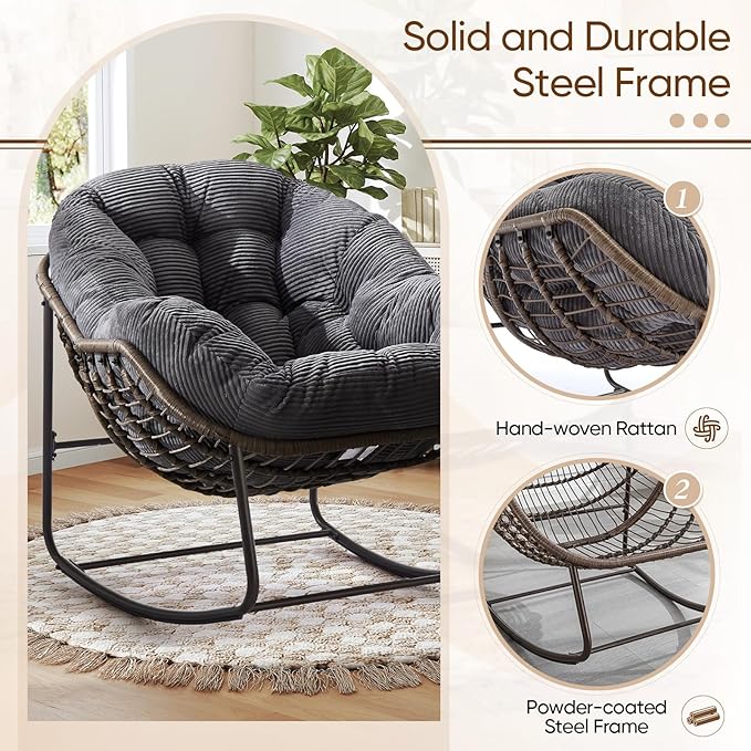 Large Indoor Rocking Chair Set of 2, Oversized Rocking Papasan Chair with Thick Cushion and Frame,Comfy Corduroy Rocker Wicker Egg Chairs Lounge Reading Chair for Living Room, Bedroom,Charcoal Grey