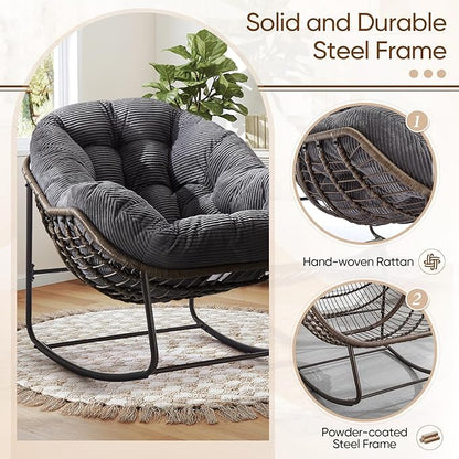 Large Indoor Rocking Chair Set of 2, Oversized Rocking Papasan Chair with Thick Cushion and Frame,Comfy Corduroy Rocker Wicker Egg Chairs Lounge Reading Chair for Living Room, Bedroom,Charcoal Grey