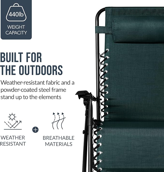 Best Choice Products Set of 2 Extra Wide Adjustable Steel Mesh Zero Gravity Lounge Chair Recliners w/Pillows and Cup - Photo 6