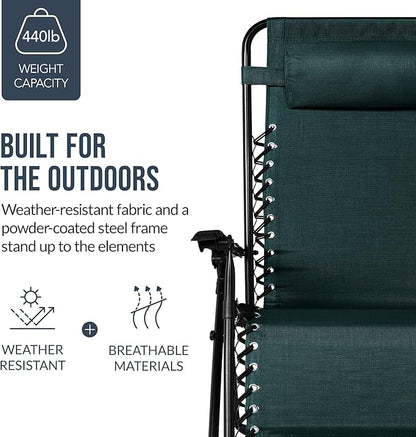 Best Choice Products Set of 2 Extra Wide Adjustable Steel Mesh Zero Gravity Lounge Chair Recliners w/Pillows and Cup Holder Trays - Forest Green