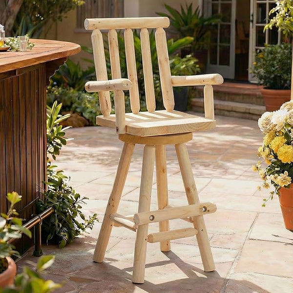 HOMEDIARY Outdoor Solid Wood Swivel Bar Stool, Oversized Patio Log Bar Height Chair with High Back - Photo 1