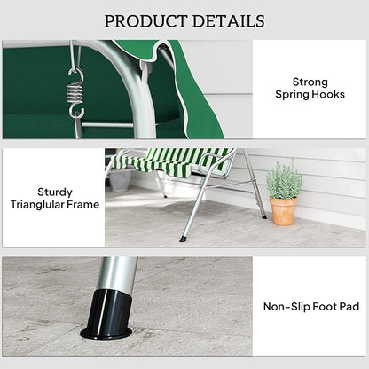 Outsunny 3-Person Porch Swing with Canopy, Patio Swing Chair, Outdoor Canopy Swing Bench with Adjustable Shade, Cushion and Steel Frame, Green & White Striped