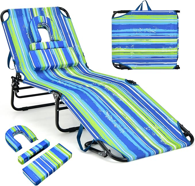 Giantex 350lbs Adjustable Patio Lounge Chair w/Face Hole, Removable Pillows, Carry Strap, Layout Chair, Folding Beach Chair, Outdoor Chaise Lounge for Poolside Lawn Tanning (1, Stripe)