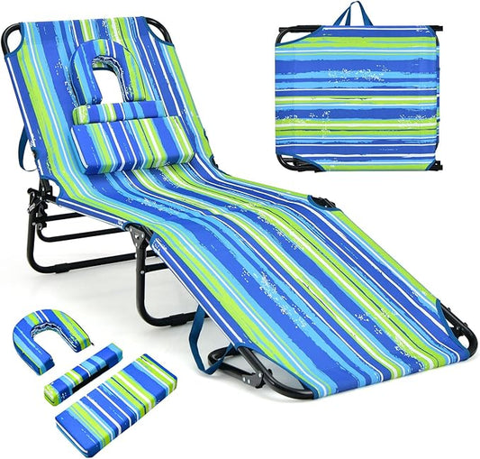 Giantex 350lbs Adjustable Patio Lounge Chair w/Face Hole, Removable Pillows, Carry Strap, Layout Chair, Folding Beach Chair, Outdoor Chaise Lounge for Poolside Lawn Tanning (1, Stripe)