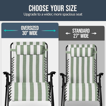 Best Choice Products Set of 2 Extra Wide Adjustable Steel Mesh Zero Gravity Lounge Chair Recliners w/Pillows and Cup Holder Trays - Sage Green Stripes
